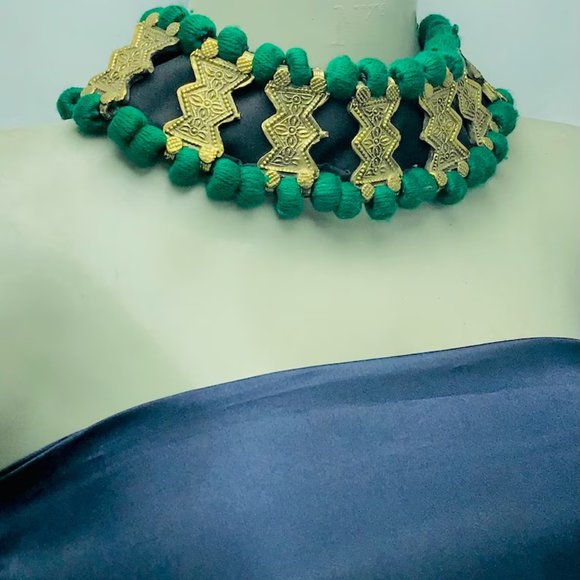 Green Vintage Choker Necklace, Handmade Afghan Metal Choker Tribal Green Choker - Picture 7 of 12